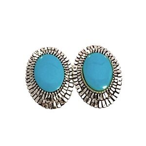 Sterling Silver & Turquoise Stamped Oval Pierced Earrings